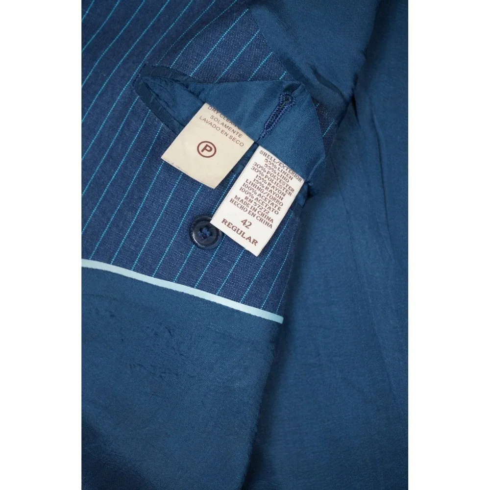 Perry Ellis Mens 42 Regular Blue Pinstripe Linen Blend 2 Button Blazer Jacket